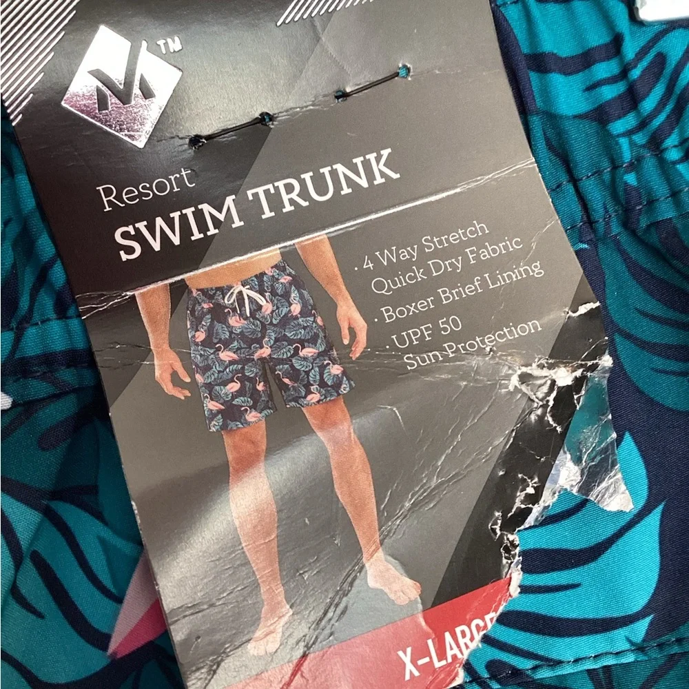 Members Mark Men's Navy Flamingo Print Swim Trunks - Pink & Teal BNWT
